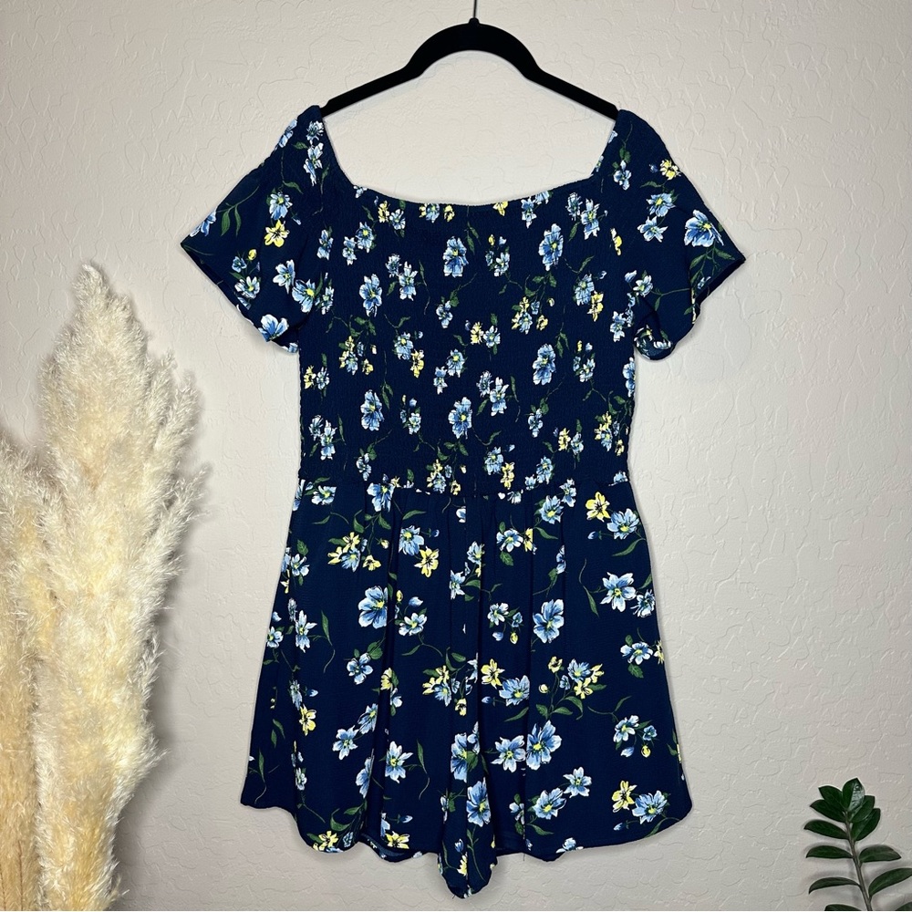 Navy Blue Floral Print Off the Shoulder Romper Shorts with Pockets, size medium